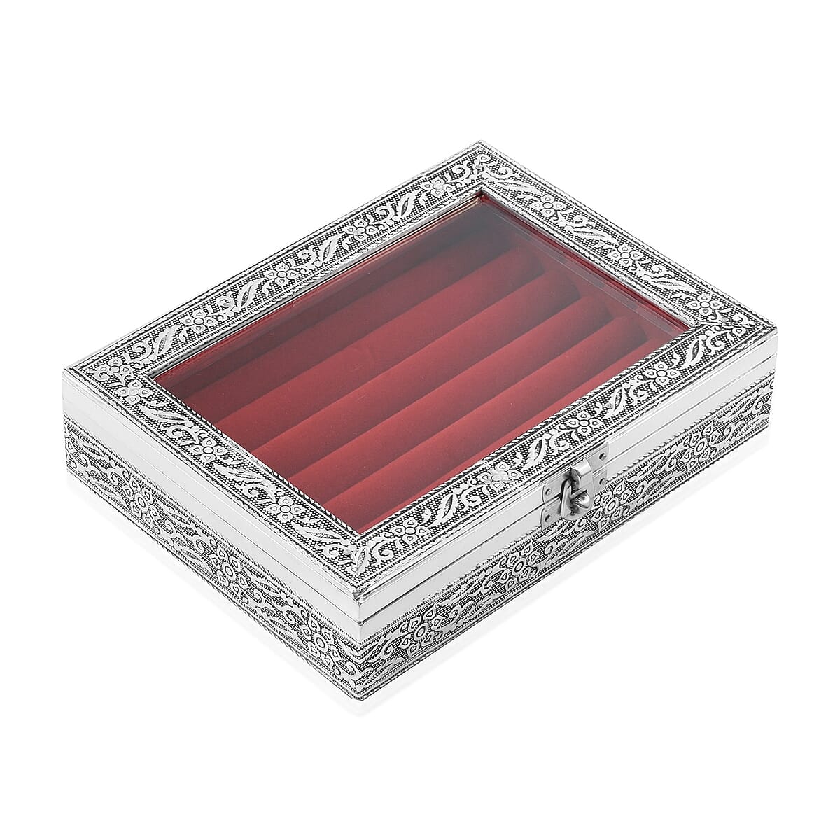 Handcrafted Floral Engraved Aluminium Ring Box with Red Scratch Protection Interior image number 2