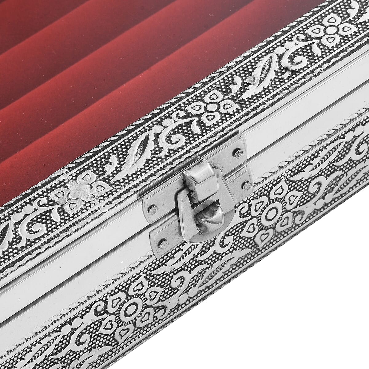 Handcrafted Floral Engraved Aluminium Ring Box with Red Scratch Protection Interior image number 3