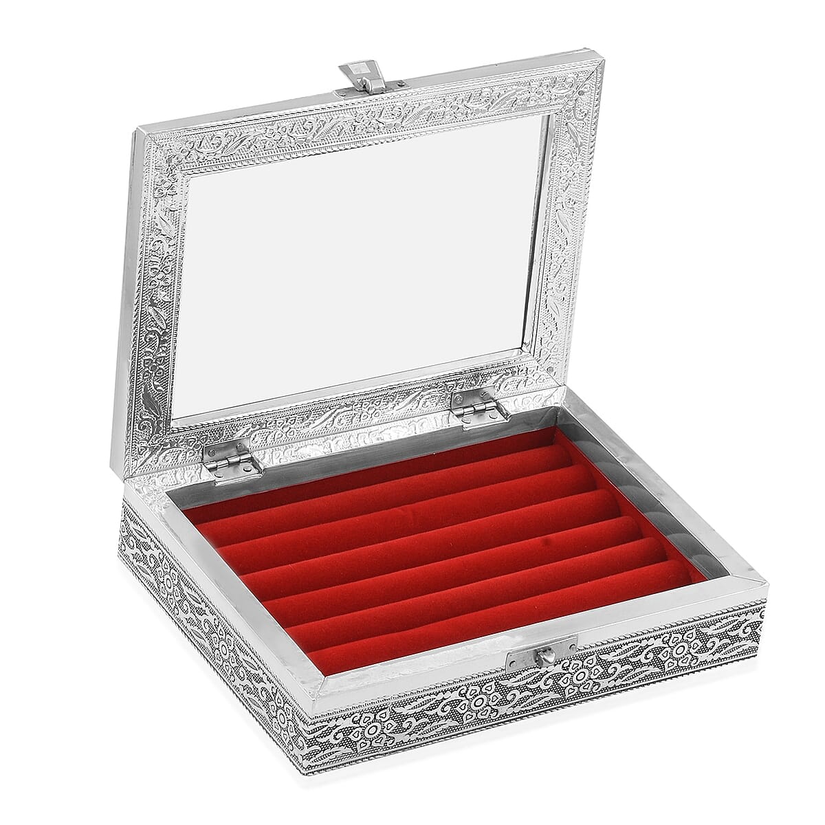 Handcrafted Floral Engraved Aluminium Ring Box with Red Scratch Protection Interior image number 4