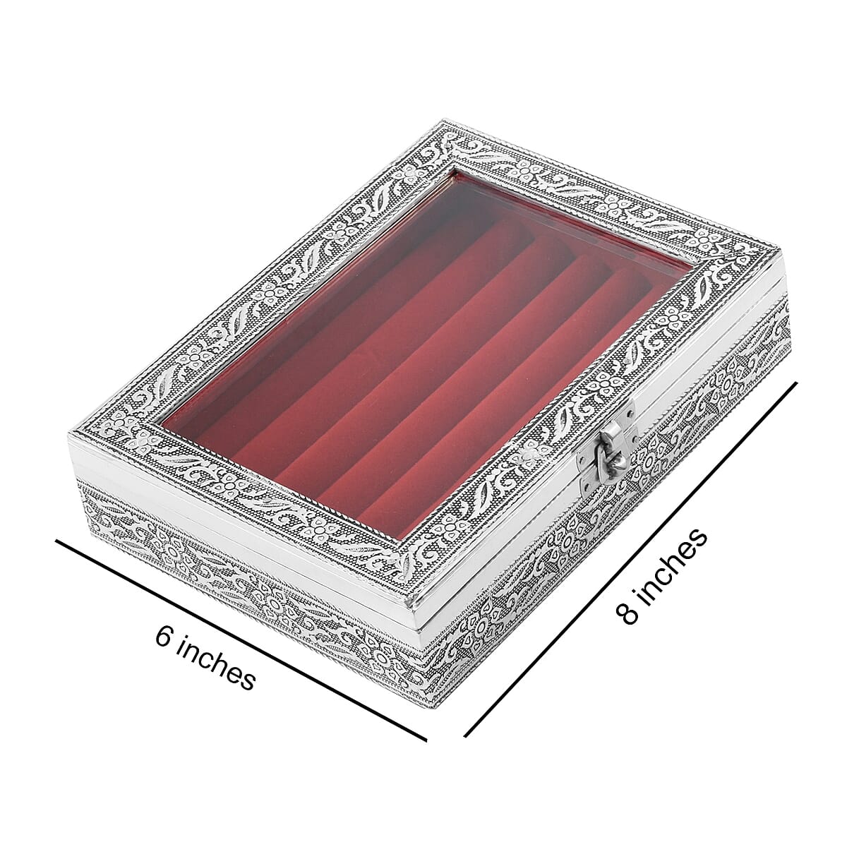 Handcrafted Floral Engraved Aluminium Ring Box with Red Scratch Protection Interior image number 5