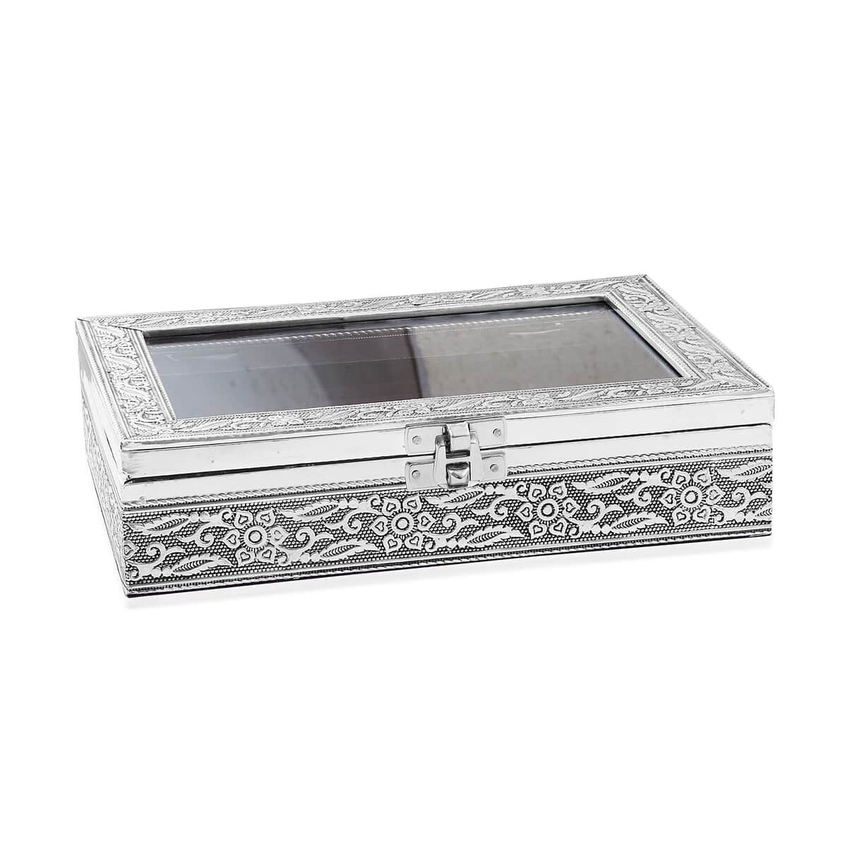 Handcrafted Floral Engraved Aluminium Ring Box with Purple Scratch Protection Interior image number 0