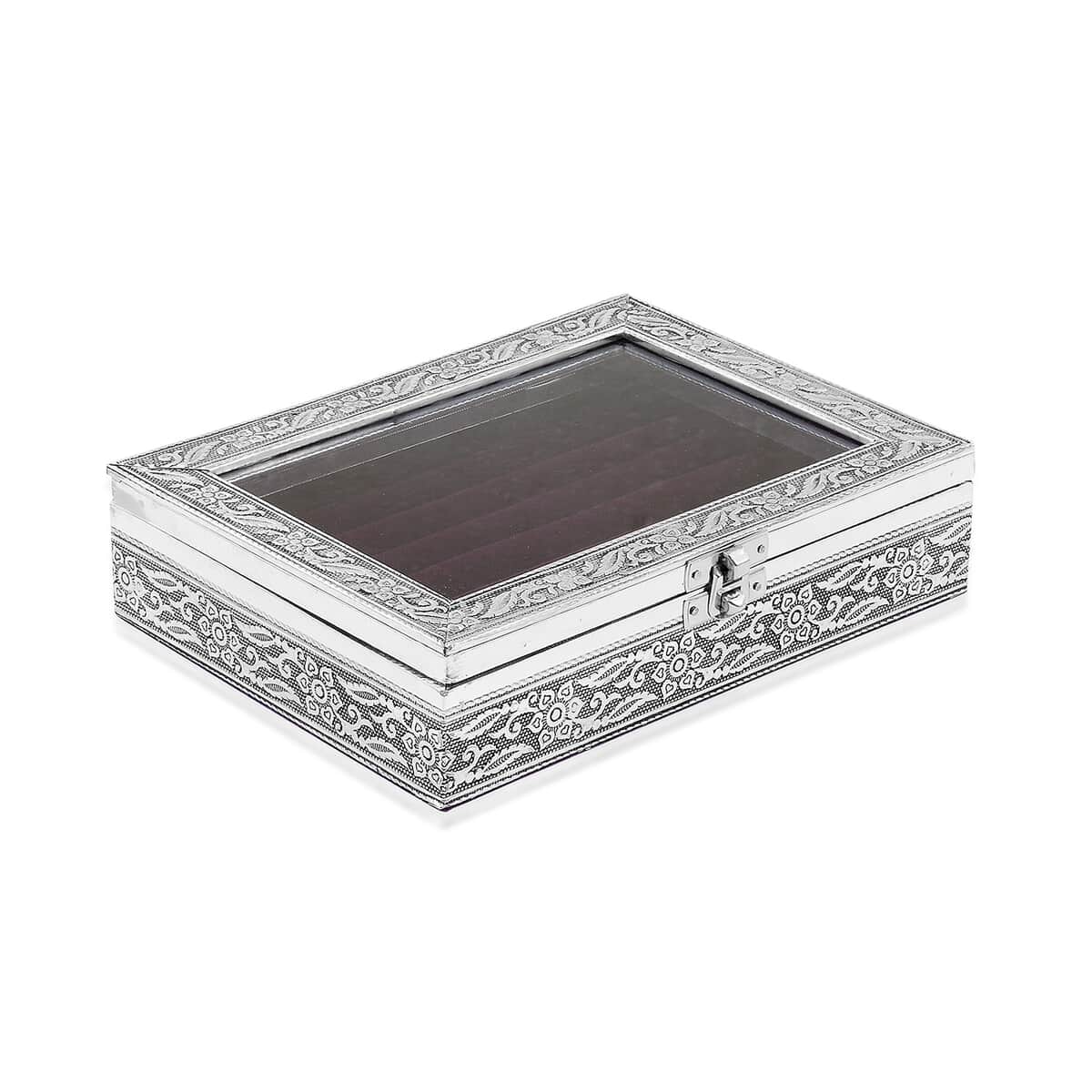 Handcrafted Floral Engraved Aluminium Ring Box with Purple Scratch Protection Interior image number 1