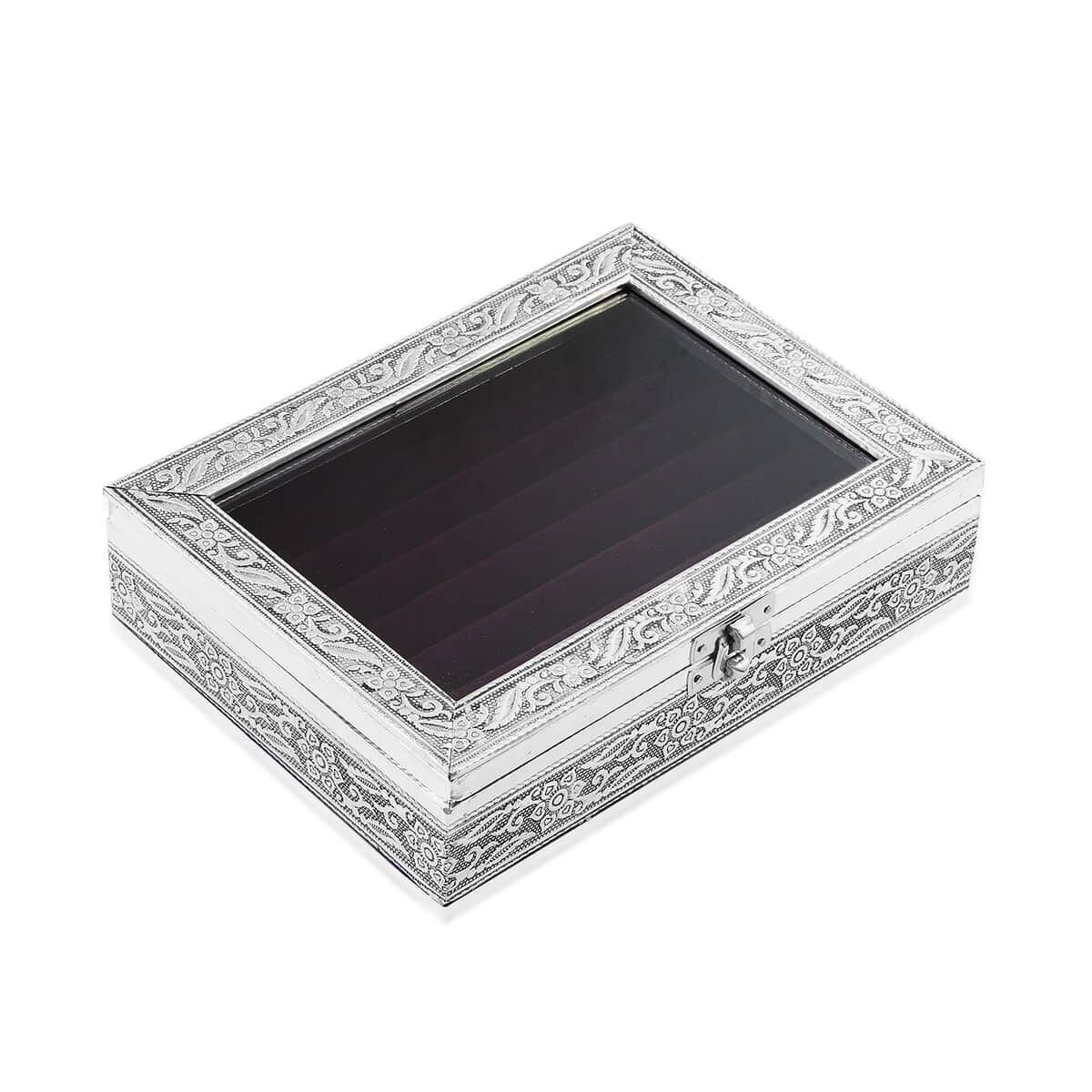 Handcrafted Floral Engraved Aluminium Ring Box with Purple Scratch Protection Interior image number 2