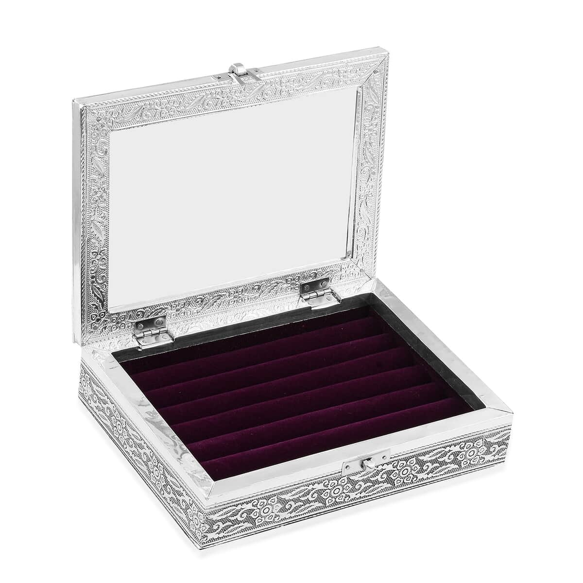 Handcrafted Floral Engraved Aluminium Ring Box with Purple Scratch Protection Interior image number 4