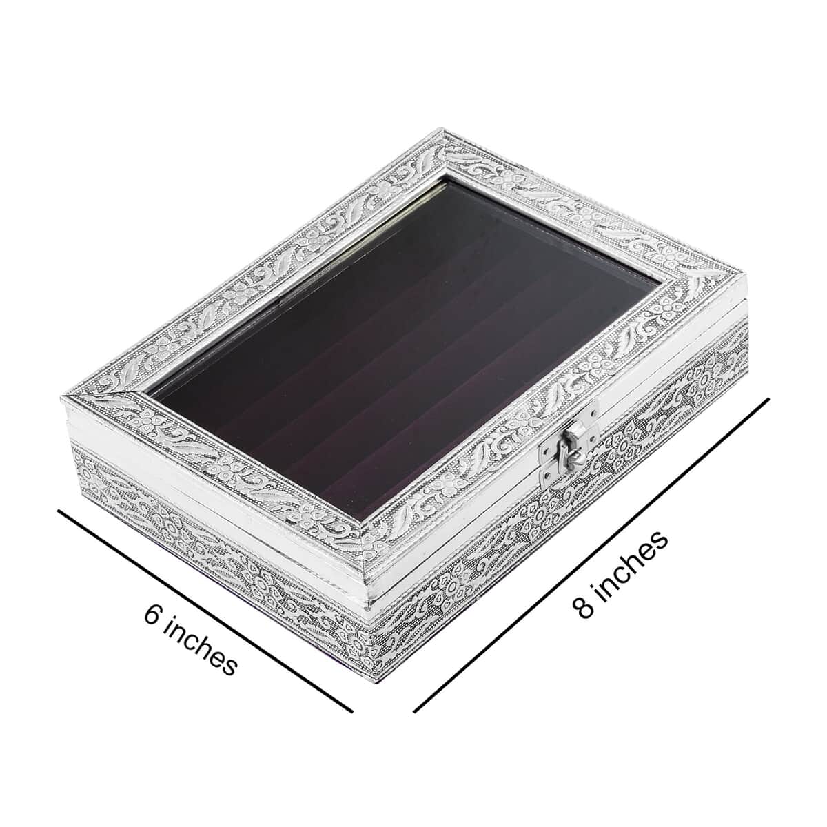 Handcrafted Floral Engraved Aluminium Ring Box with Purple Scratch Protection Interior image number 5