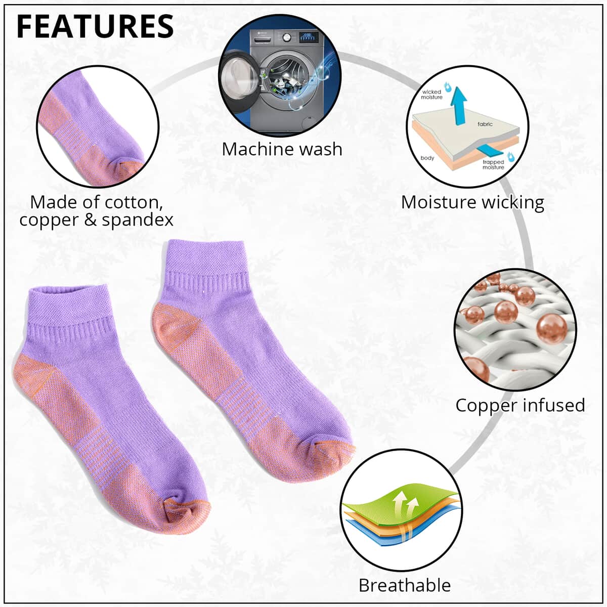 Set of 4 Pairs of Ankle Length Odor Free Copper Compression Socks For Men And Women, Premium Material Moisture Wicking Unisex Copper Infused Socks - Lavender, Teal, Beige, Wine (L/XL) image number 1