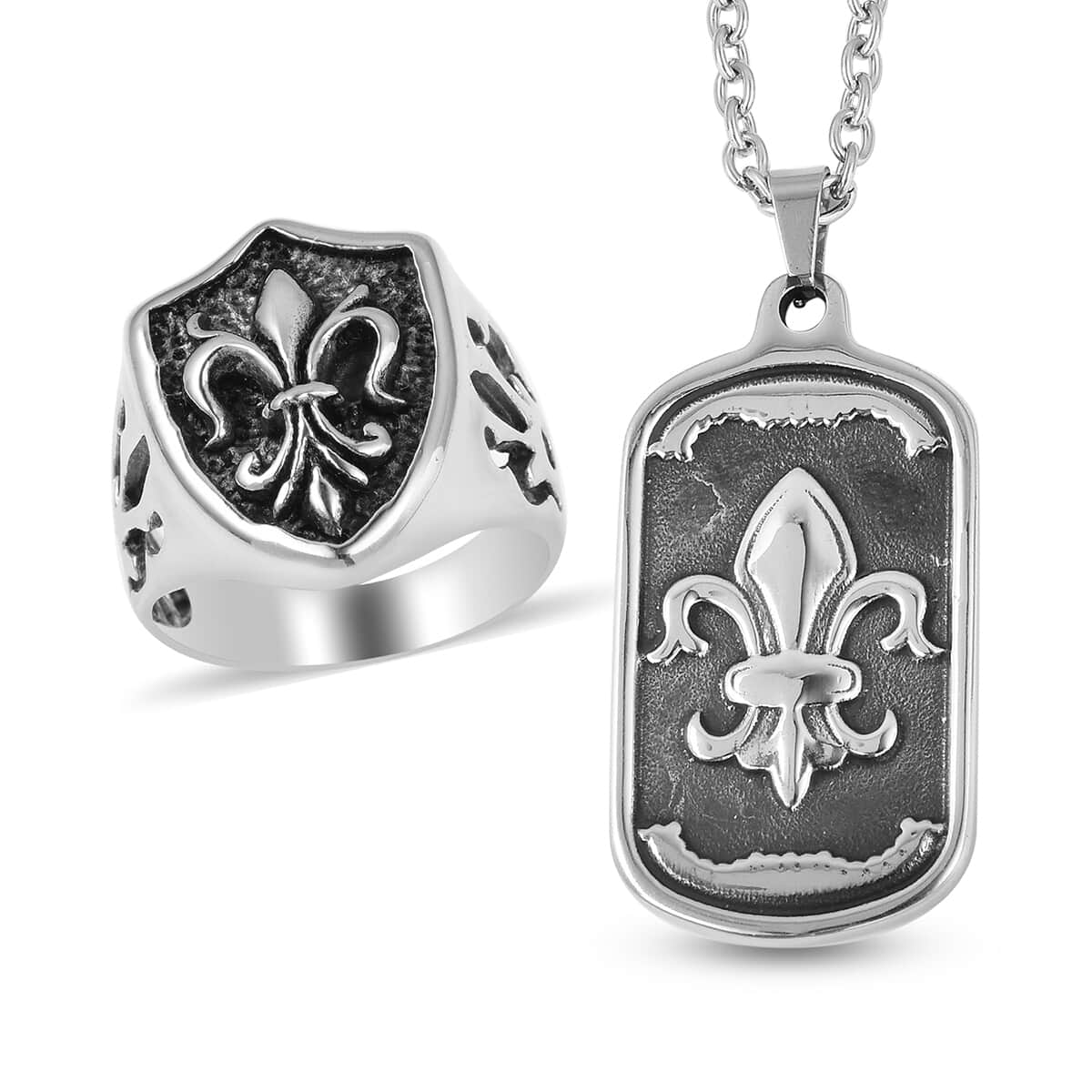 Fleur De Lis Men's Ring Size 12 and Pendant Necklace 24 Inches in Black Oxidized Stainless Steel image number 0