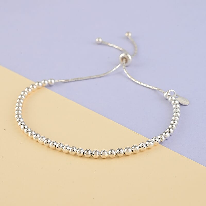 925 Sterling Silver Bead Bracelet, Adjustable Bolo Bracelet, Silver Jewelry For Women