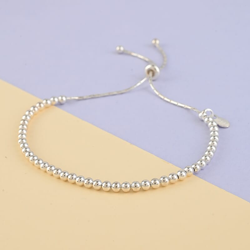 925 Sterling Silver Bead Bracelet, Adjustable Bolo Bracelet, Silver Jewelry For Women