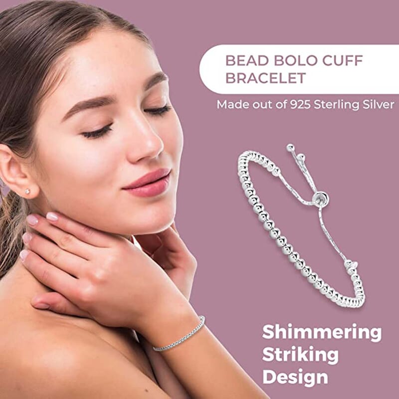 925 Sterling Silver Bead Bracelet, Adjustable Bolo Bracelet, Silver Jewelry For Women