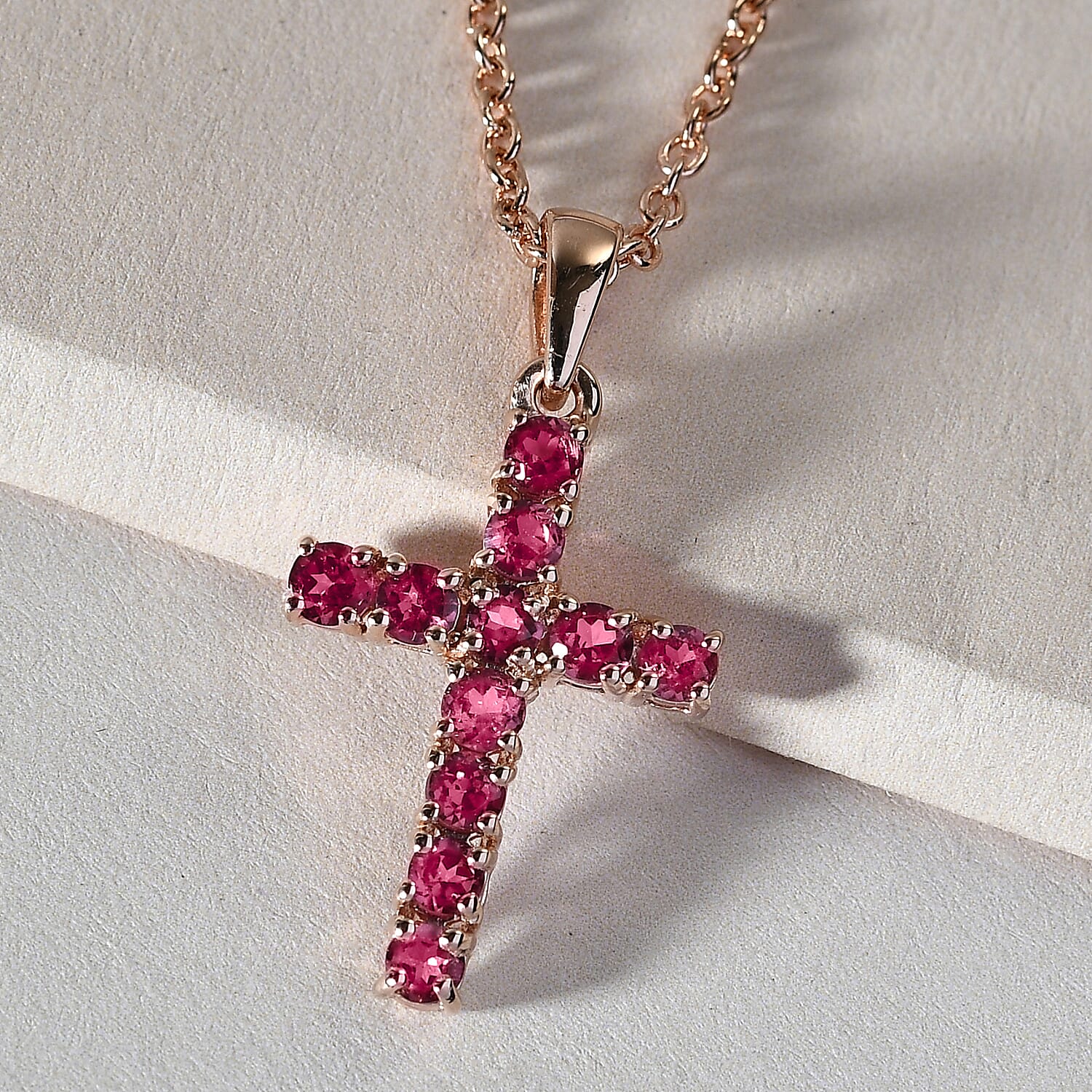 Orissa Rose Garnet Cross Pendant in 14K Rose Gold Over Sterling Silver with ION Plated Rose Gold Stainless Steel Necklace 20 Inches 1.15 ctw