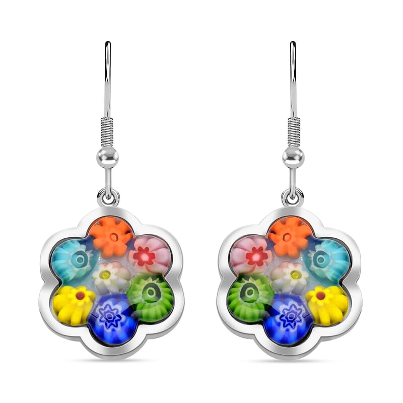 Multi Color Murano Style Floral Earrings in Stainless Steel