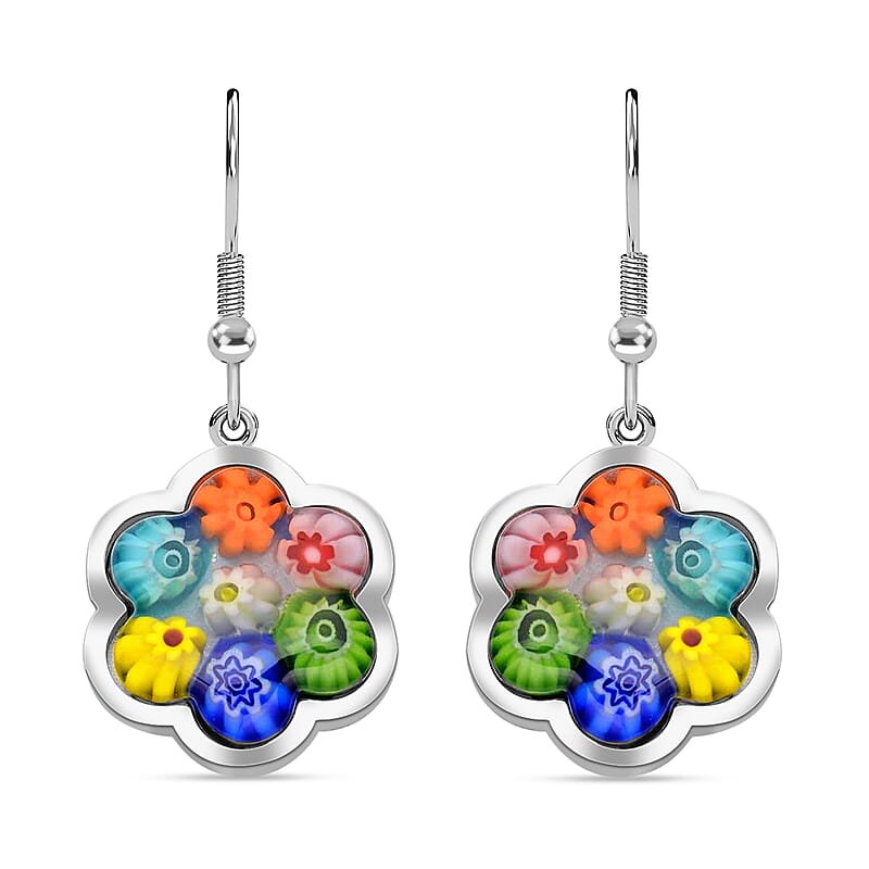 Multi Color Murano Style Floral Earrings in Stainless Steel