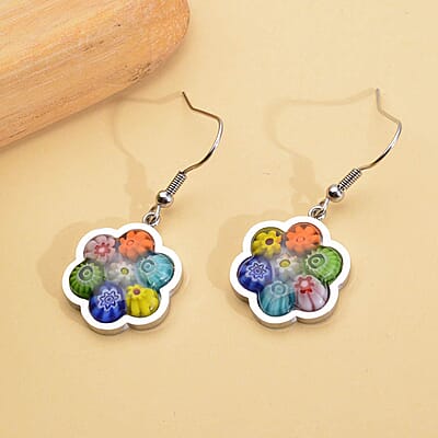 Multi Color Murano Style Floral Earrings in Stainless Steel