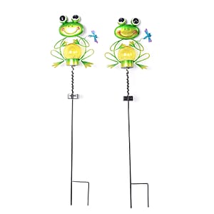 Set of 2 Green Frog Shape Solar Garden LED Light