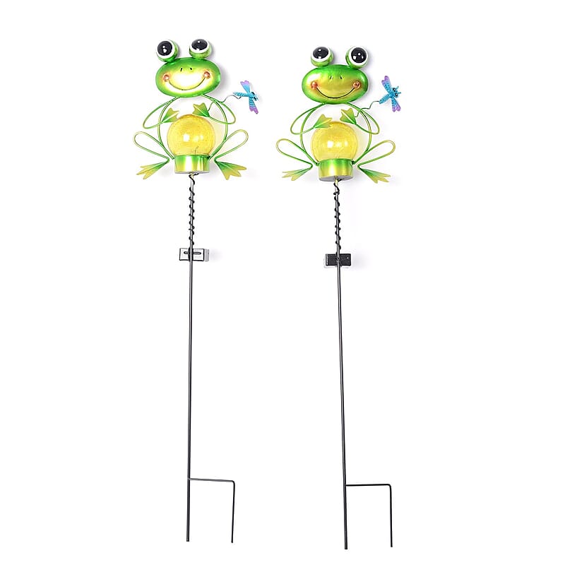Set of 2 Green Frog Shape Solar Garden LED Light