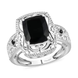 Australian Black Tourmaline Ring, Fashion Ring in Sterling Silver, Thai Black Spinel Accent Ring, Black Engagement Rings For Her 3.60 ctw