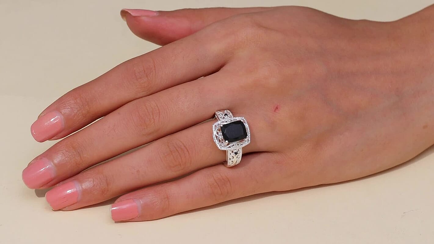 Australian Black Tourmaline and Natural Thai Black Spinel Ring in Sterling Silver 3.25 ctw