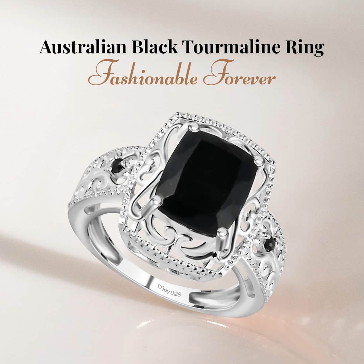 Australian Black Tourmaline Ring, Fashion Ring in Sterling Silver, Thai Black Spinel Accent Ring, Black Engagement Rings For Her 3.60 ctw image number 1