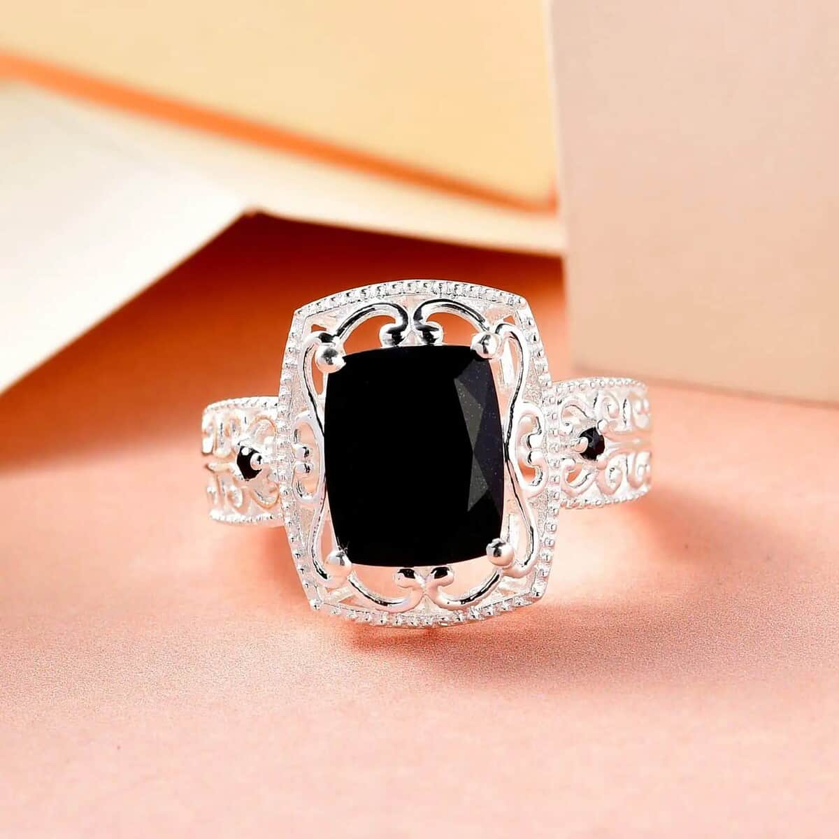 Australian Black Tourmaline Ring, Fashion Ring in Sterling Silver, Thai Black Spinel Accent Ring, Black Engagement Rings For Her 3.60 ctw image number 4