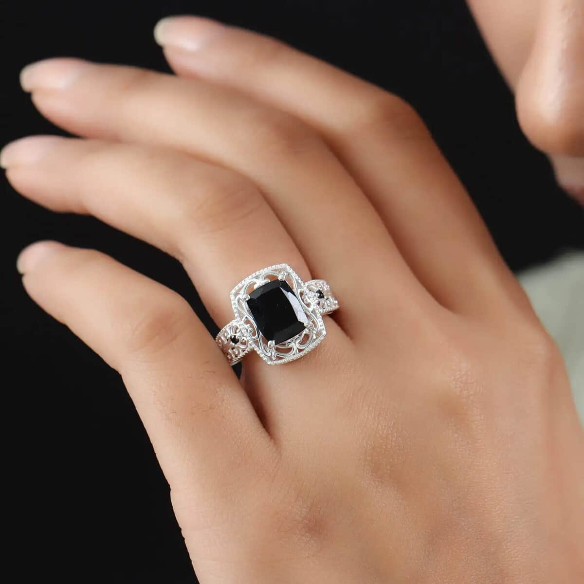 Australian Black Tourmaline Ring, Fashion Ring in Sterling Silver, Thai Black Spinel Accent Ring, Black Engagement Rings For Her 3.60 ctw image number 5