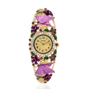 Strada Purple and White Crystal Japanese Movement Butterfly and Floral Pattern Bracelet Watch in Goldtone (7.00 In)