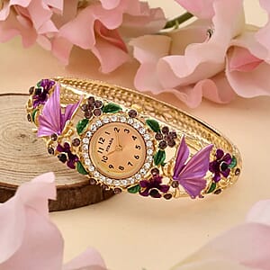 Strada Purple and White Crystal Japanese Movement Butterfly and Floral Pattern Bracelet Watch in Goldtone (7.00 In)