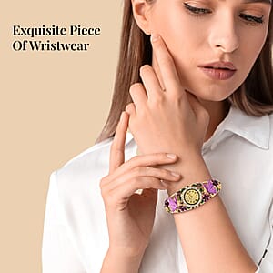 Strada Purple and White Crystal Japanese Movement Butterfly and Floral Pattern Bracelet Watch in Goldtone (7.00 In)
