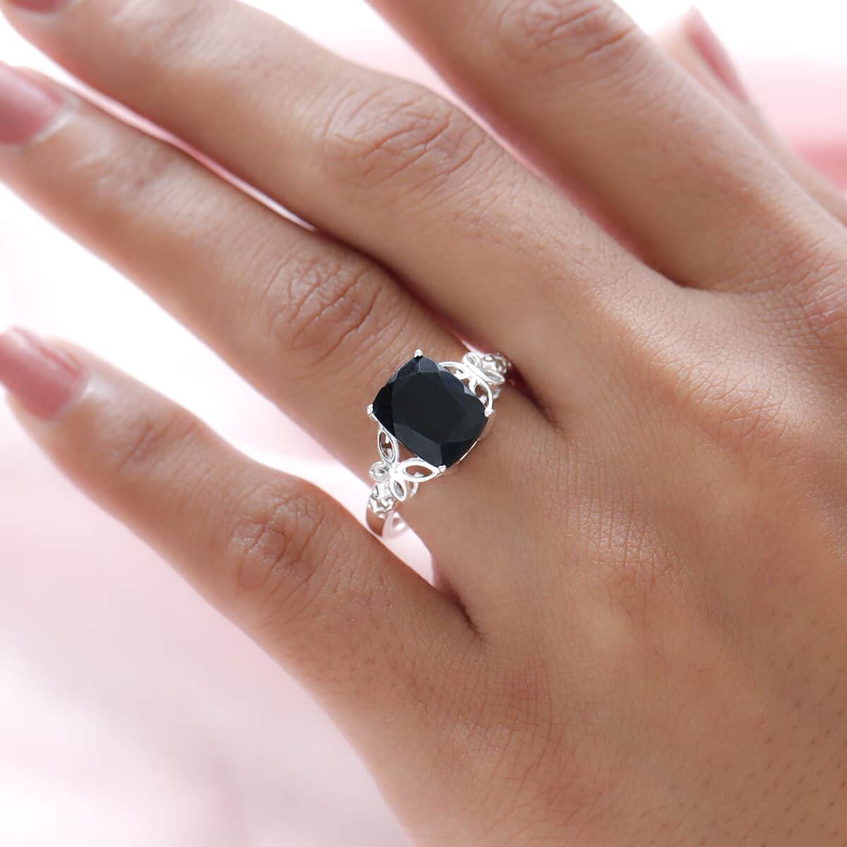 Australian Black Tourmaline 3.50 ctw Solitaire Ring in Sterling Silver, Engagement Rings for Women, Vintage Floral Statement Ring (Size 11) image number 1