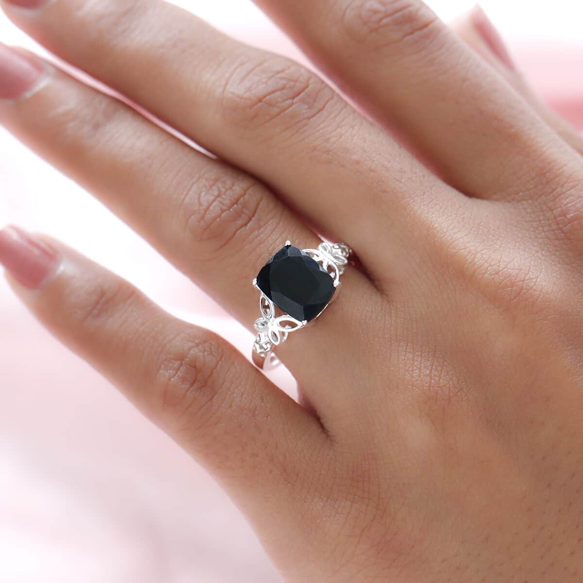 Australian Black Tourmaline Solitaire Ring in Sterling Silver, Engagement Rings for Women, Vintage Floral Statement Ring 3.50 ctw (Size 5) image number 1