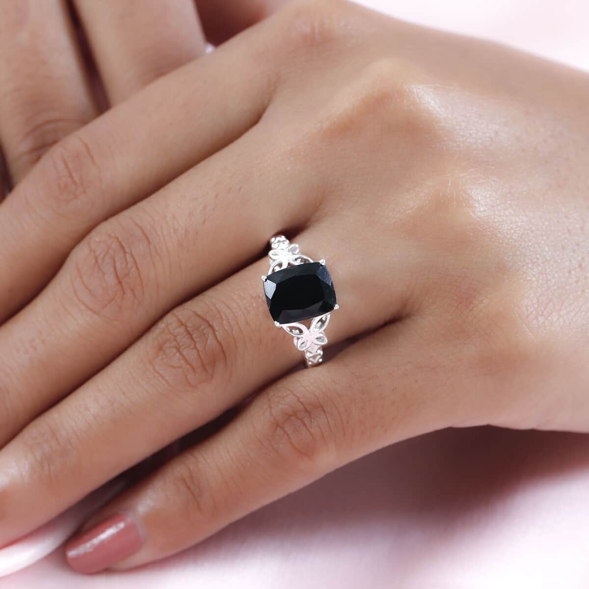 Australian Black Tourmaline Solitaire Ring in Sterling Silver, Engagement Rings for Women, Vintage Floral Statement Ring 3.50 ctw (Size 5) image number 2