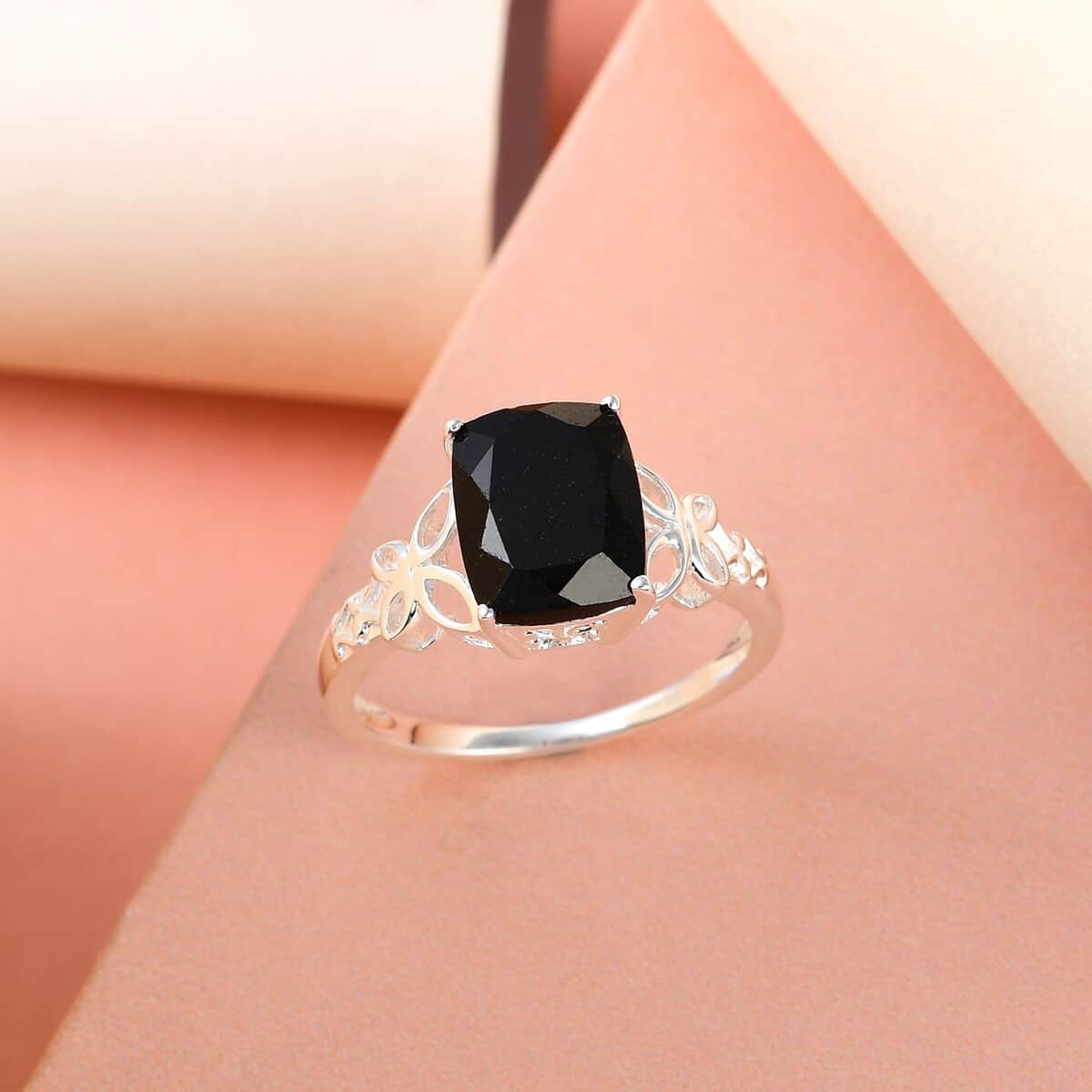 Australian Black Tourmaline Solitaire Ring in Sterling Silver, Engagement Rings for Women, Vintage Floral Statement Ring 3.50 ctw (Size 7.0) image number 3