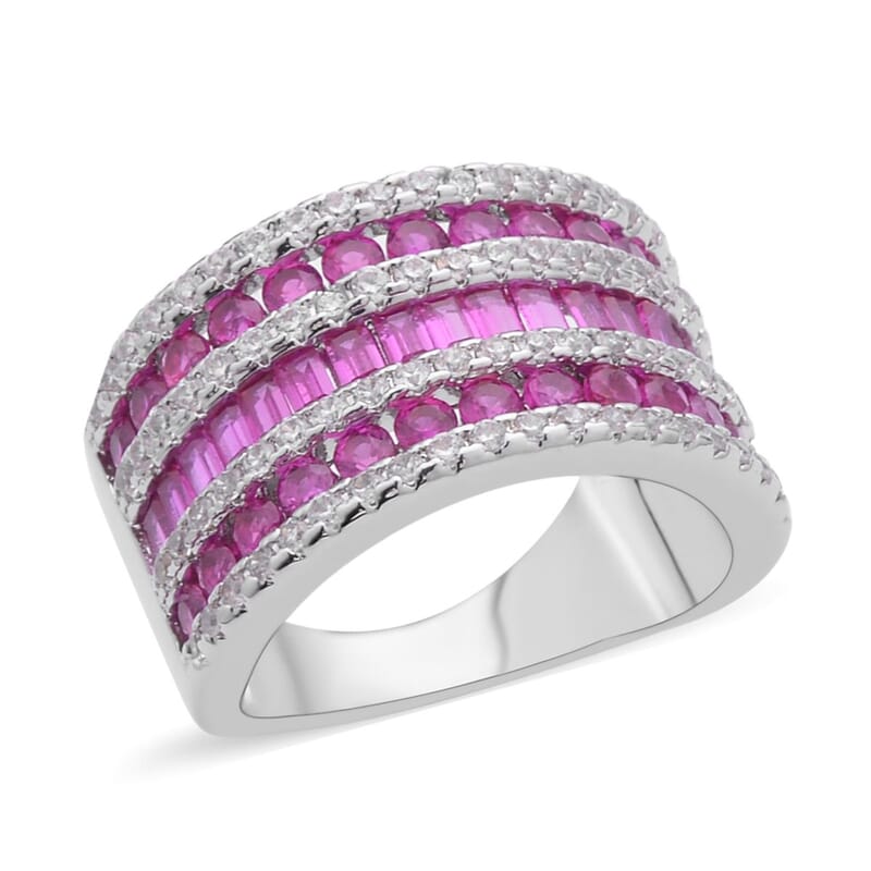Simulated Ruby and White Diamond Band Ring in Silvertone (Size 10.0) 3.00 ctw