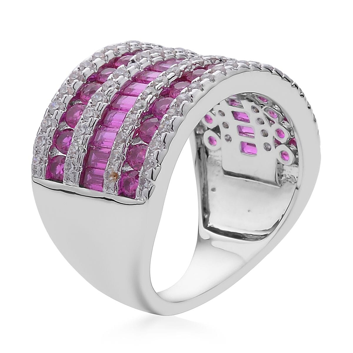 Simulated Ruby and White Diamond Band Ring in Silvertone (Size 10.0) 3.00 ctw