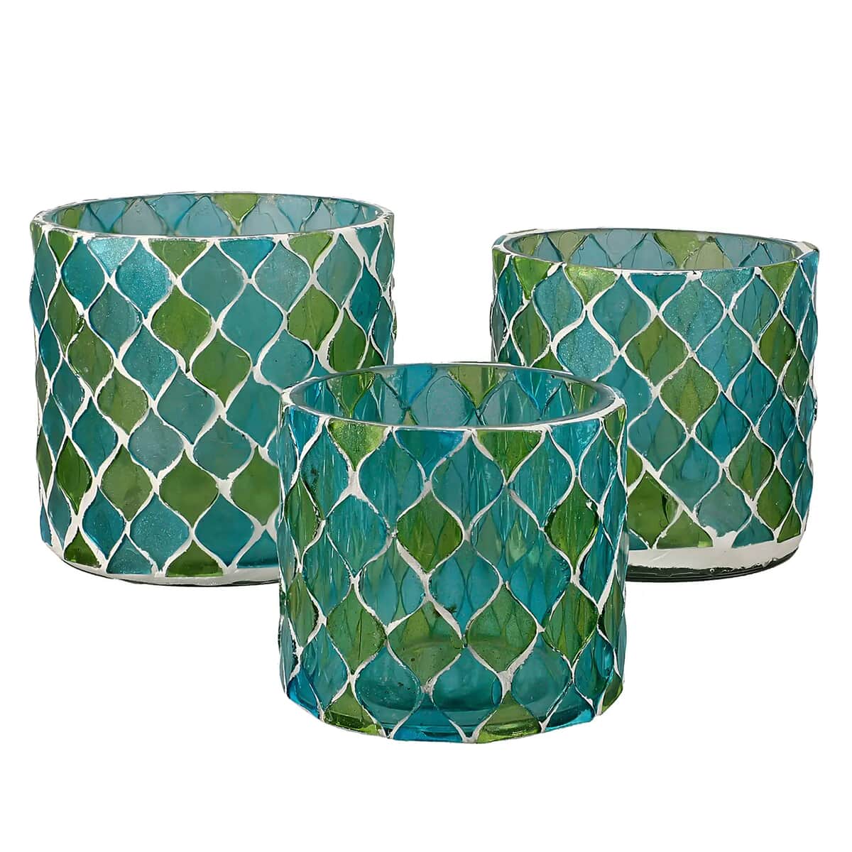 Set of 3 Blue and Green Mosaic Moroccan Pattern Tea Light Candle Holder (3.25, 3, 2.5) image number 0