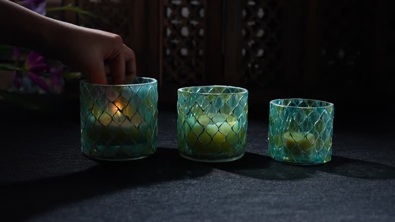 Set of 3 Blue and Green Mosaic Moroccan Pattern Tea Light Candle Holder (3.25, 3, 2.5)