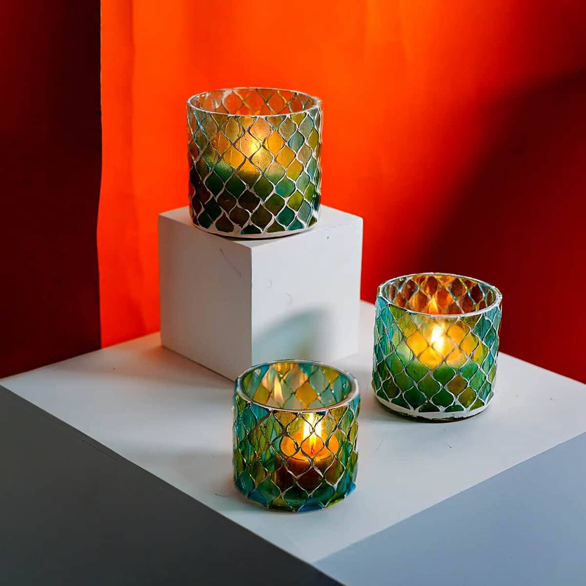 Set of 3 Blue and Green Mosaic Moroccan Pattern Tea Light Candle Holder (3.25, 3, 2.5) image number 1