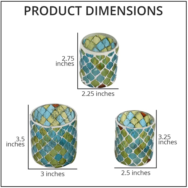 Set of 3 Candle Holders for Table Mosaic Pattern Blue and Green Tea Light Glass Moroccan Decor Gifts Party Dining Room