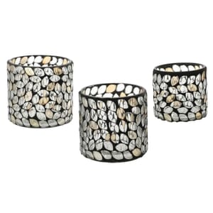 Set of 3 Votive Candle Holders, Gray and Champagne Mosaic Leaf Pattern Tealight Glass, Moroccan Decor Gift