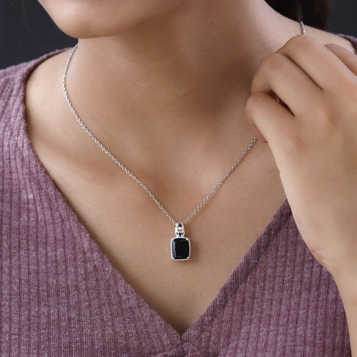 Australian Black Tourmaline and Thai Black Spinel Pendant in Sterling Silver with Stainless Steel Necklace 20 Inches 4.75 ctw image number 1
