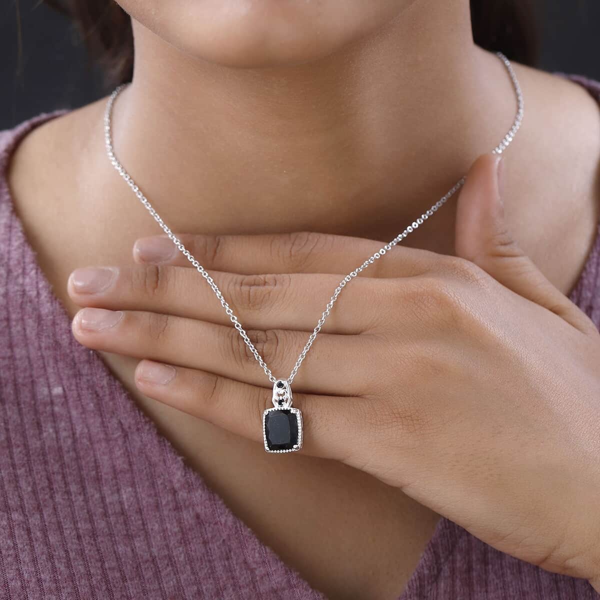 Australian Black Tourmaline and Thai Black Spinel Pendant in Sterling Silver with Stainless Steel Necklace 20 Inches 4.75 ctw image number 2