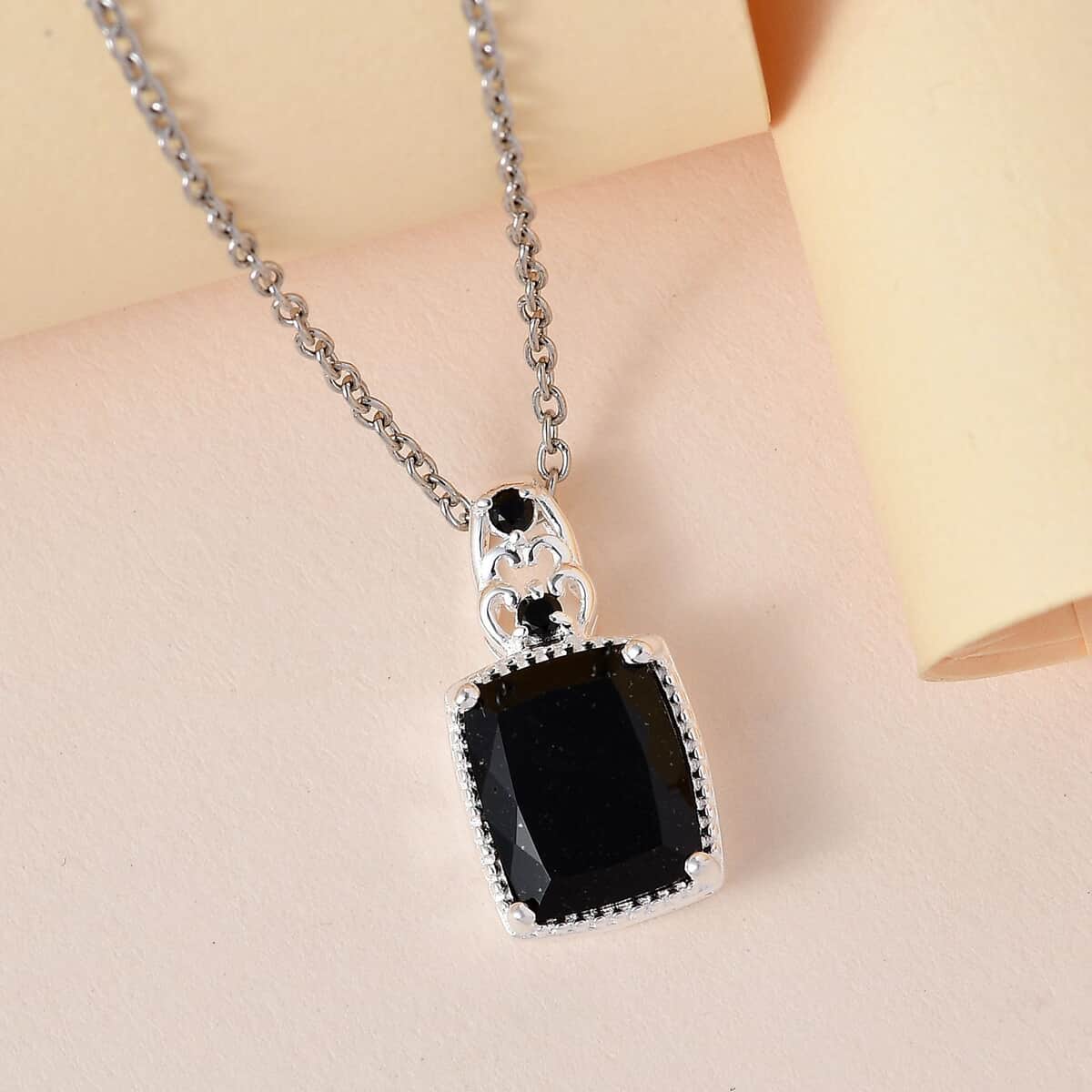 Australian Black Tourmaline and Thai Black Spinel Pendant in Sterling Silver with Stainless Steel Necklace 20 Inches 4.75 ctw image number 3