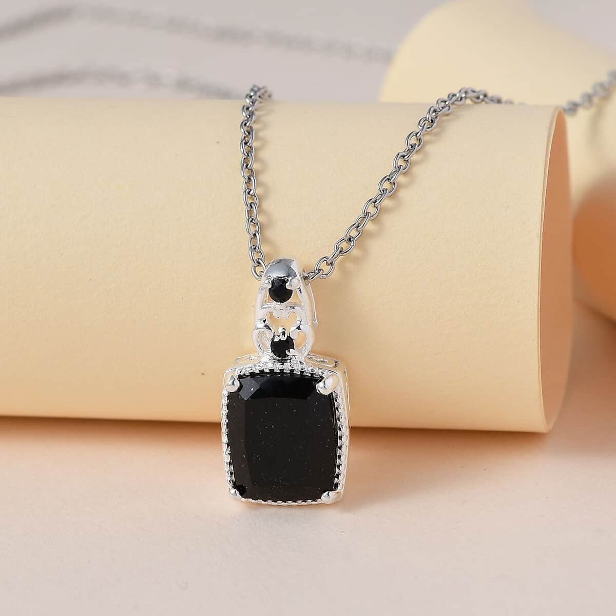 Australian Black Tourmaline and Thai Black Spinel Pendant in Sterling Silver with Stainless Steel Necklace 20 Inches 4.75 ctw image number 4