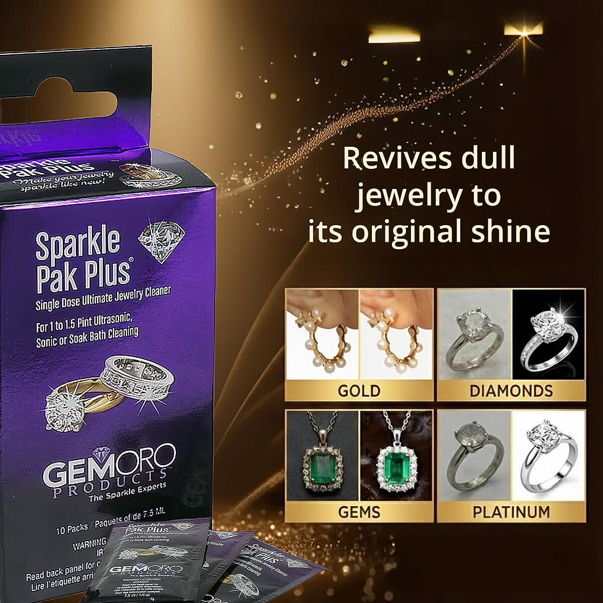 GEMORO Sparkle Pak Plus: Set of 10 Jewelry Cleaning Solution Packs , At Home Best Jewelry Cleaner , Silver Cleaning Solution image number 2