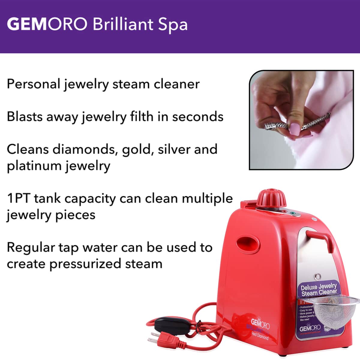 GEMORO Brilliant Spa Red Diamond: Deluxe Personal Jewelry Steam Cleaner , Best Jewelry Cleaner , Jewelry Cleaning , At Home Jewelry Cleaner image number 2