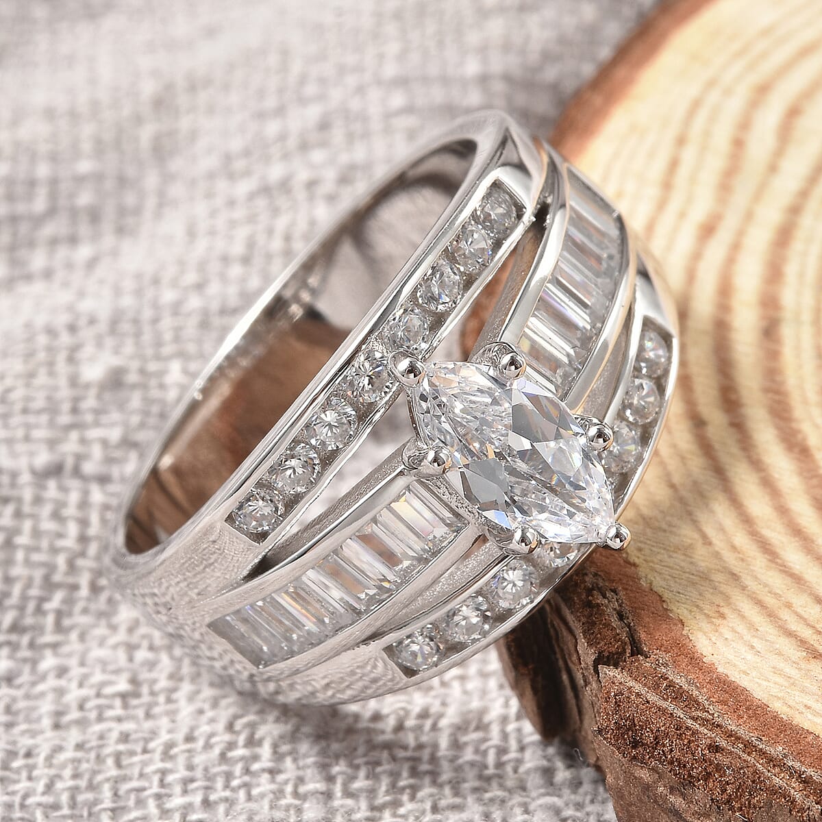 Simulated Diamond Band Ring in Sterling Silver, Three Row Simulated Diamond Ring, Engagement Rings For Women, Promise Rings (Size 7.0) image number 1