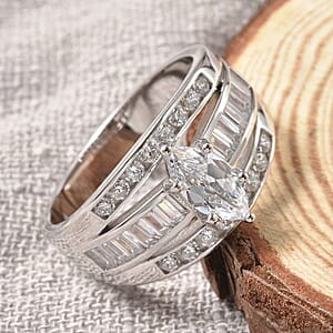 Simulated Diamond Band Ring in Sterling Silver, Three Row Simulated Diamond Ring, Engagement Rings For Women, Promise Rings (Size 7.0)