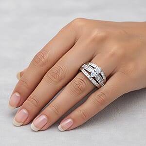 Simulated Diamond Band Ring in Sterling Silver, Three Row Simulated Diamond Ring, Engagement Rings For Women, Promise Rings (Size 7.0)