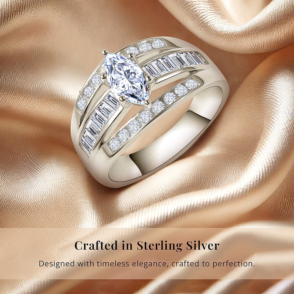 Simulated Diamond Band Ring in Sterling Silver, Three Row Simulated Diamond Ring, Engagement Rings For Women (Size 8.5) image number 3