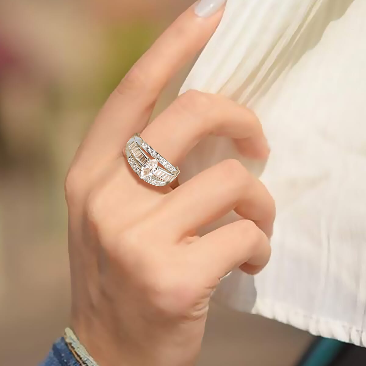 Simulated Diamond Band Ring in Sterling Silver, Three Row Simulated Diamond Ring, Engagement Rings For Women (Size 8.5) image number 4